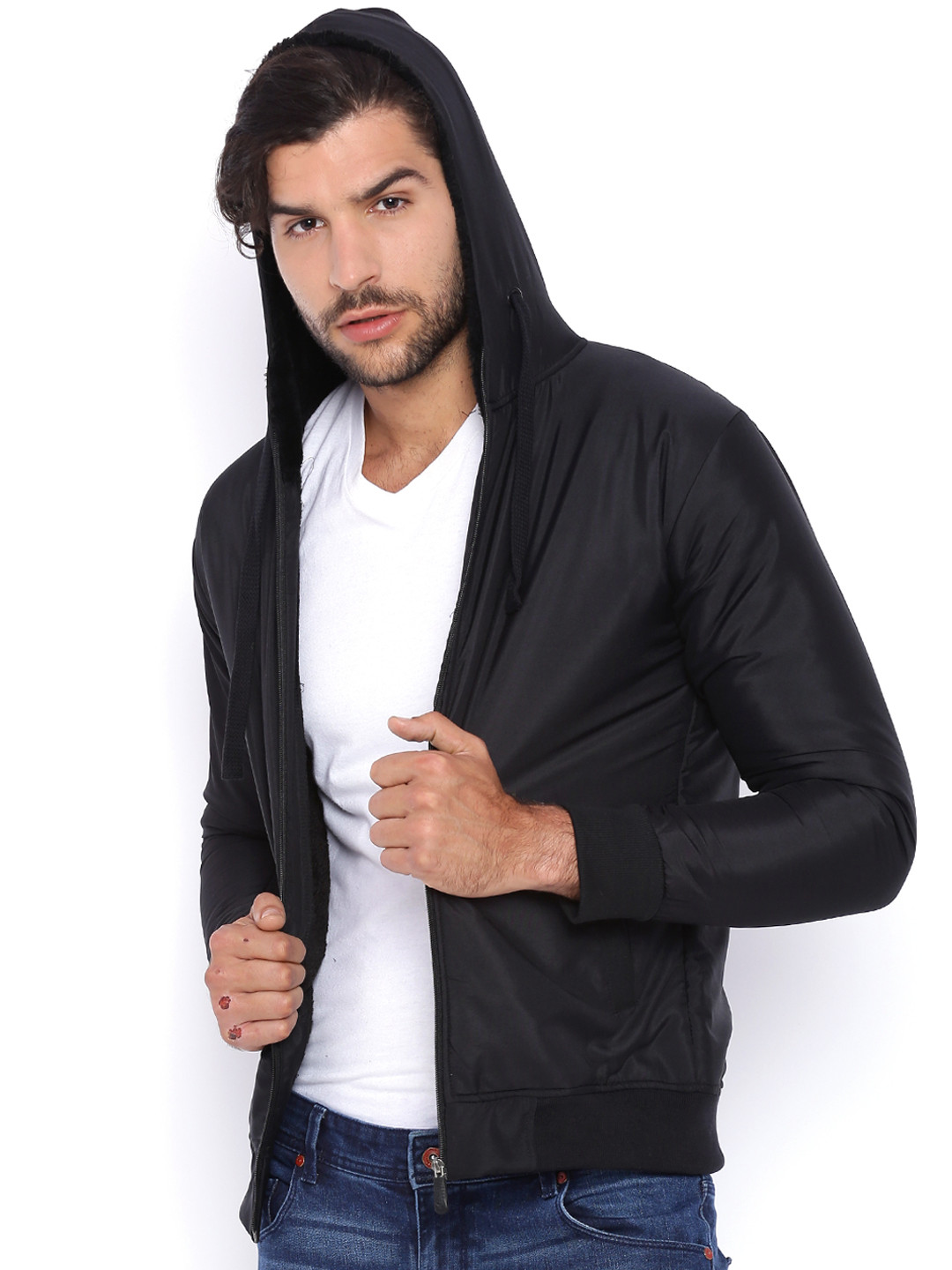 Campus Sutra Black Hooded Bomber Jacket