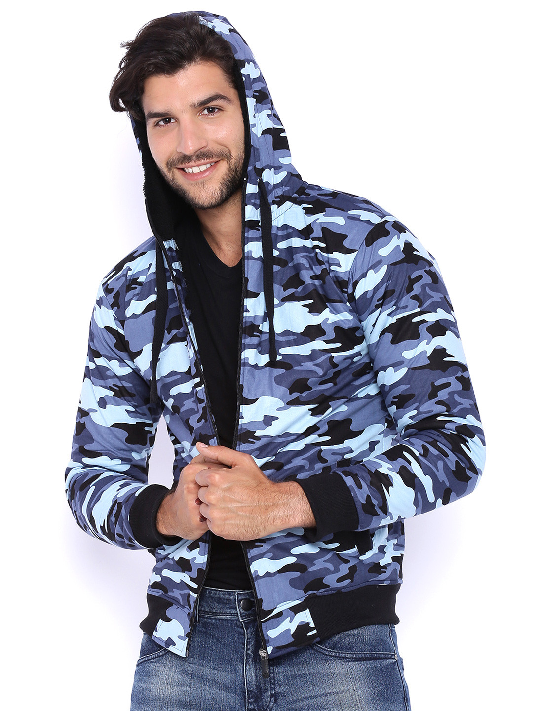 Campus Sutra Black & Blue Camouflage Print Hooded Bomber Jacket