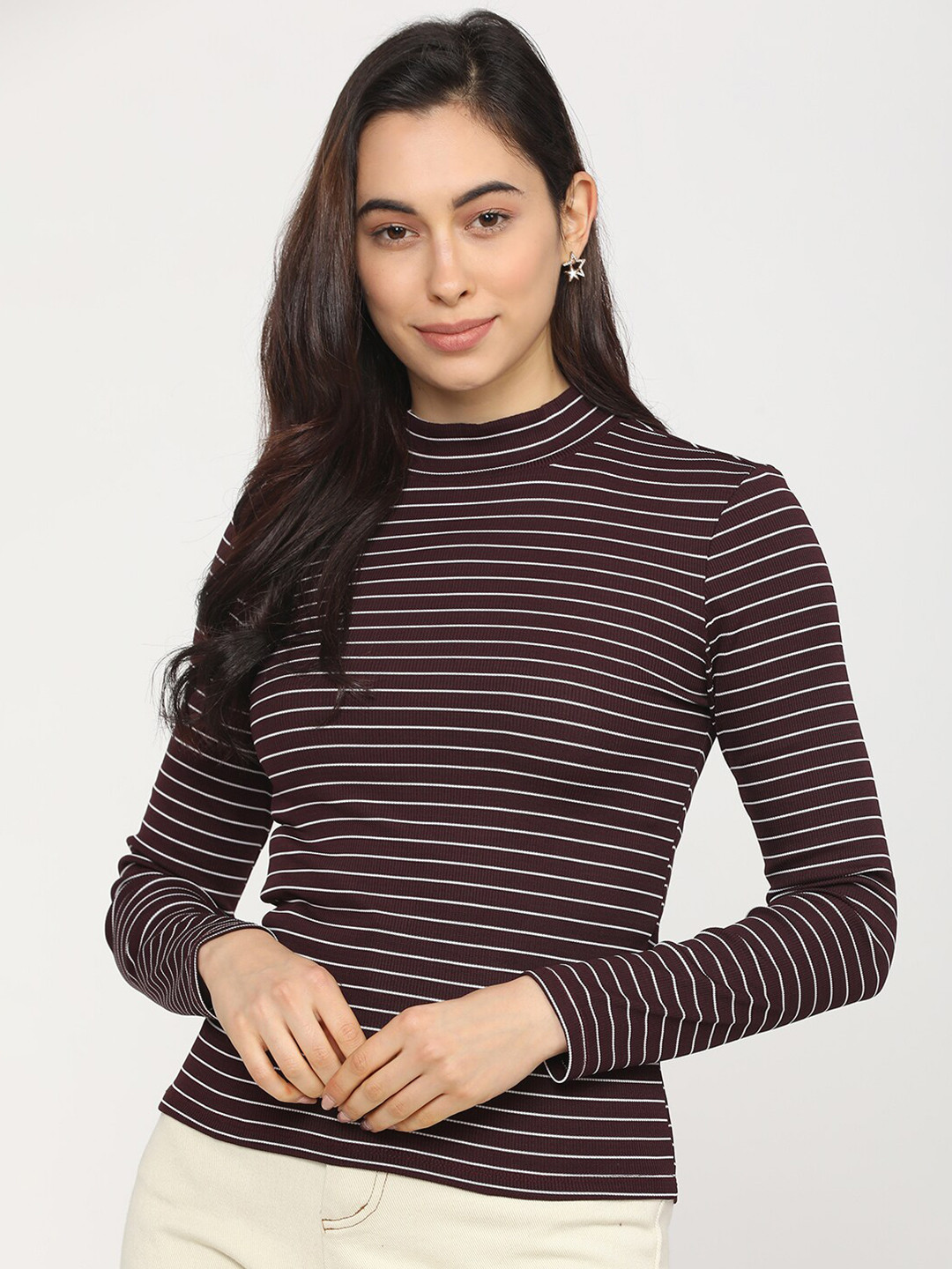 Tokyo Talkies Maroon & White Striped Regular Top