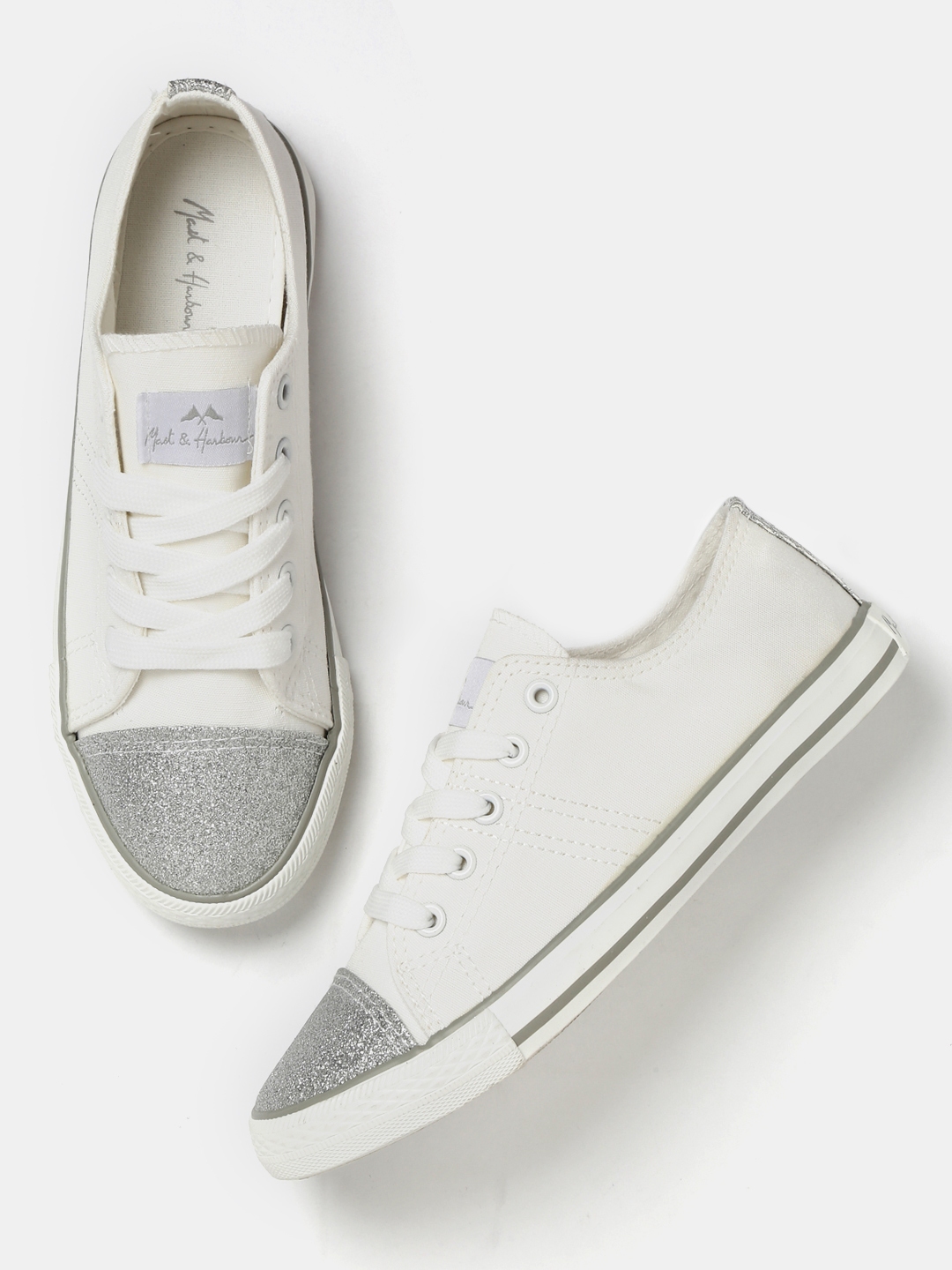 Buy Mast & Harbour Women White & Silver Toned Colourblocked Sneakers