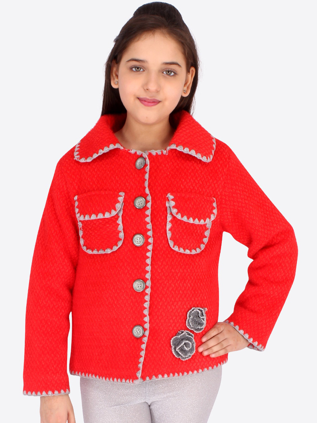 CUTECUMBER Girls Red Crop Tailored Jacket with Embroidered