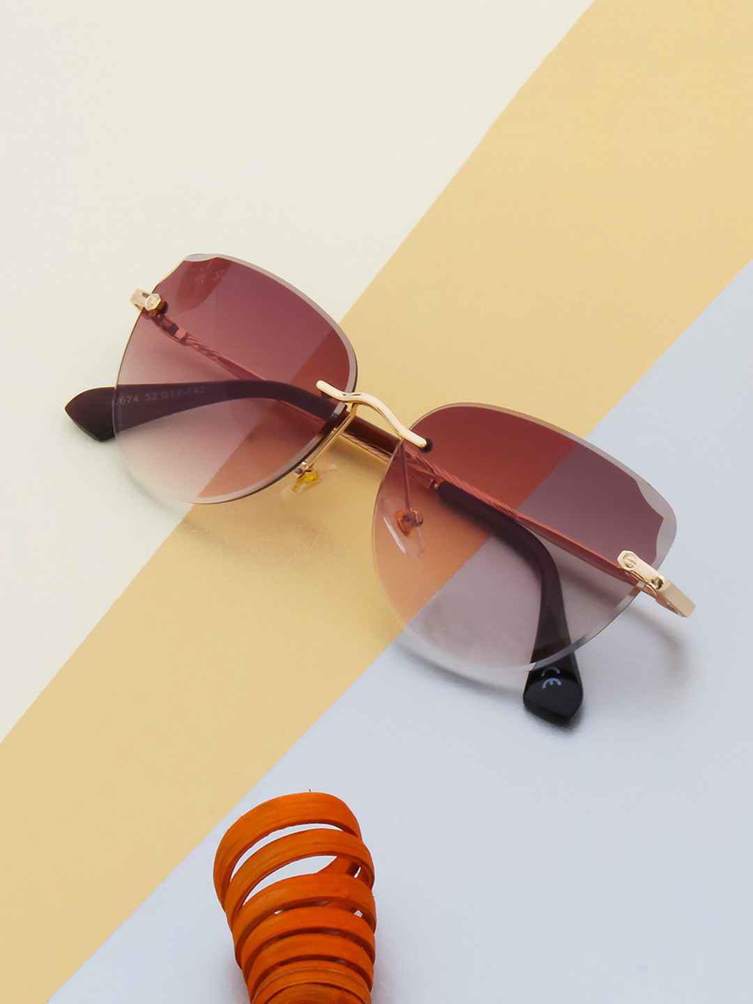 Ted Smith Women Gold-Pink Rimless Cat-Eye Sunglasses With UV Protected Lens