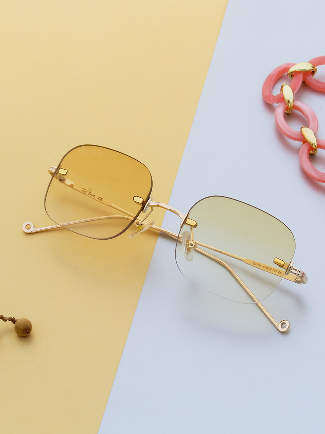 Ted Smith Unisex Gold-Yellow Aesthetic Rimlees Square Sunglasses With UV Protected Lens