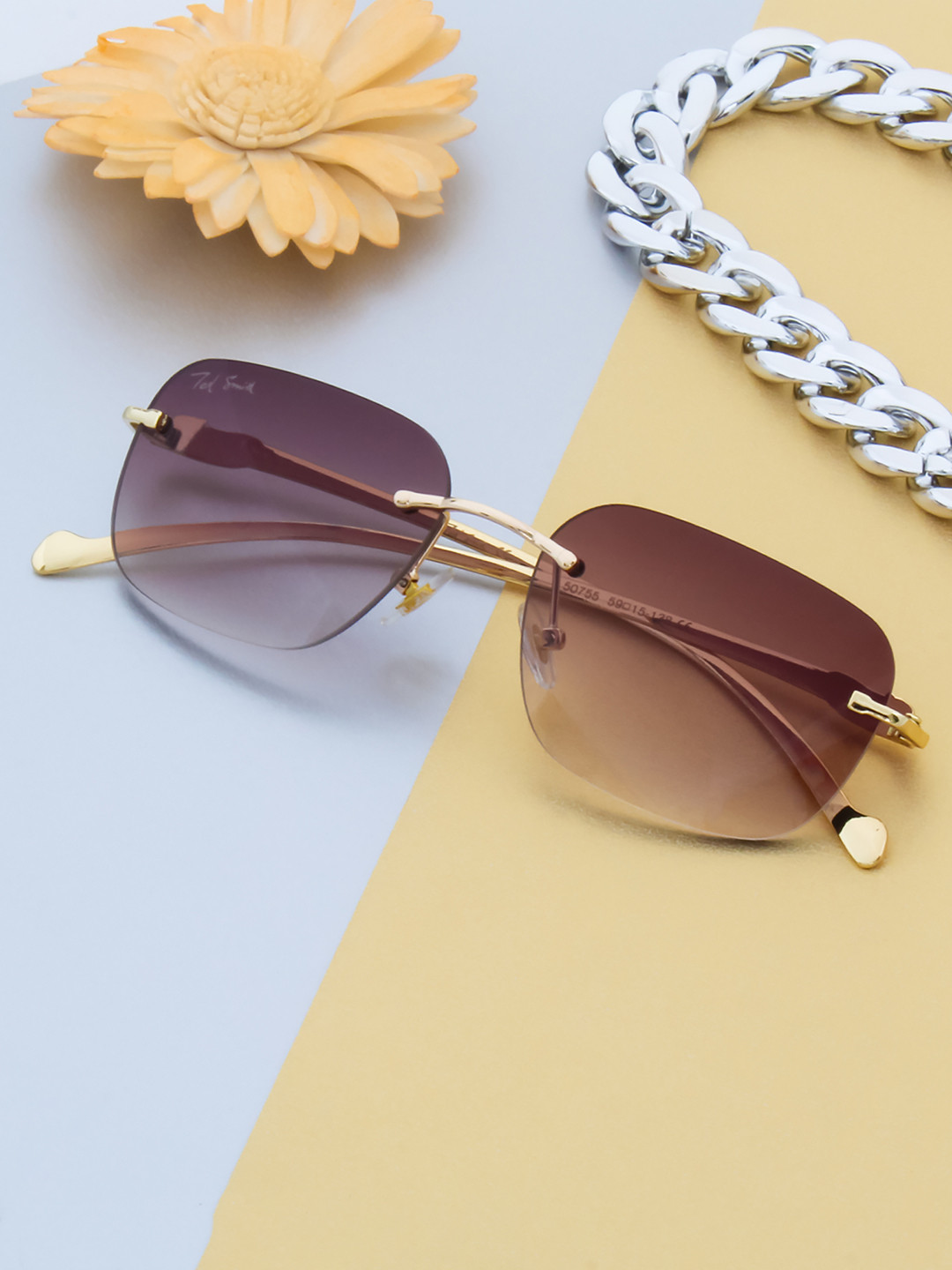 Ted Smith Unisex Gold-Brown Rimless Square Sunglasses With UV Protected Lens