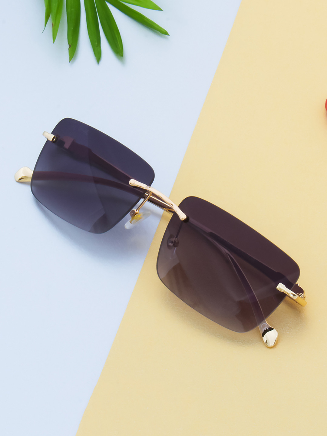 Ted Smith Unisex Gold-Black Rimless Square Sunglasses With UV Protected Lens