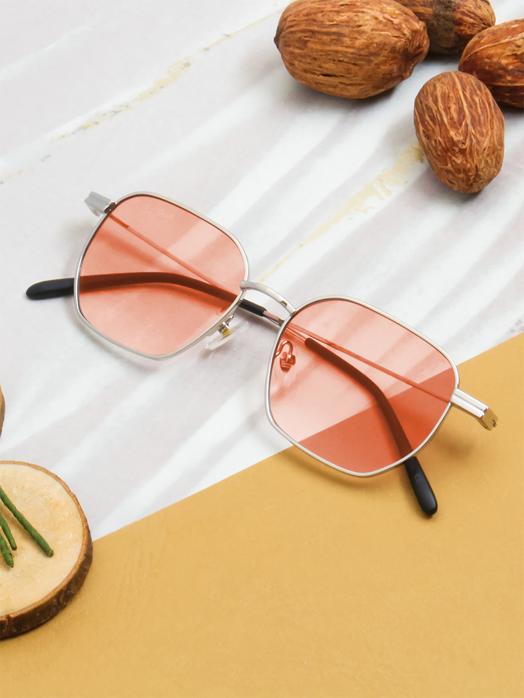 Ted Smith Unisex Silver-Pink Hexagon Sunglasses With UV Protected Lens