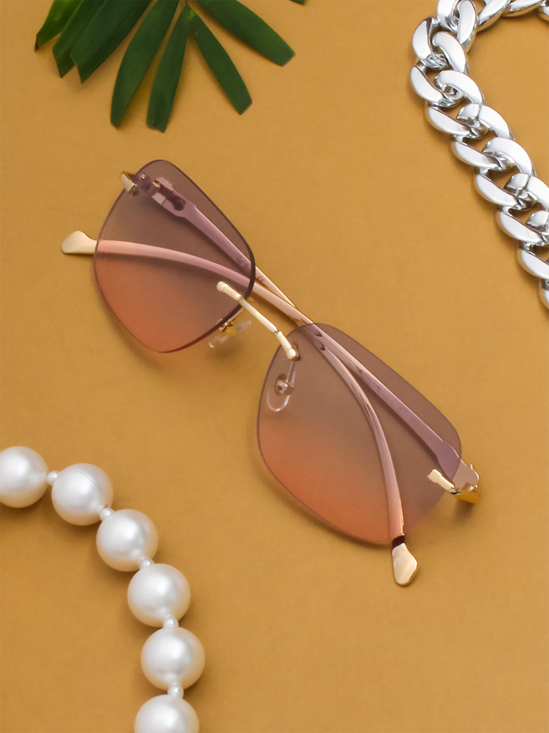 Ted Smith Unisex Gold-Pink Rimless Square Sunglasses With UV Protected Lens