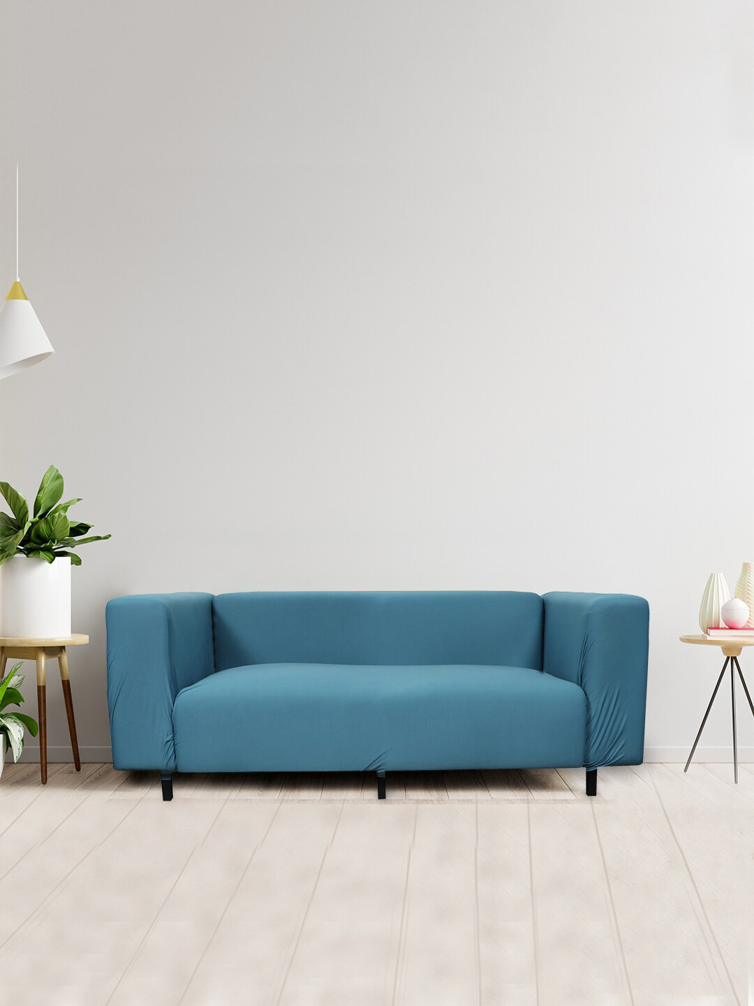 HOUSE OF QUIRK Teal Blue Solid 4-Seater Stretchable Non-Slip Sofa Slipcover