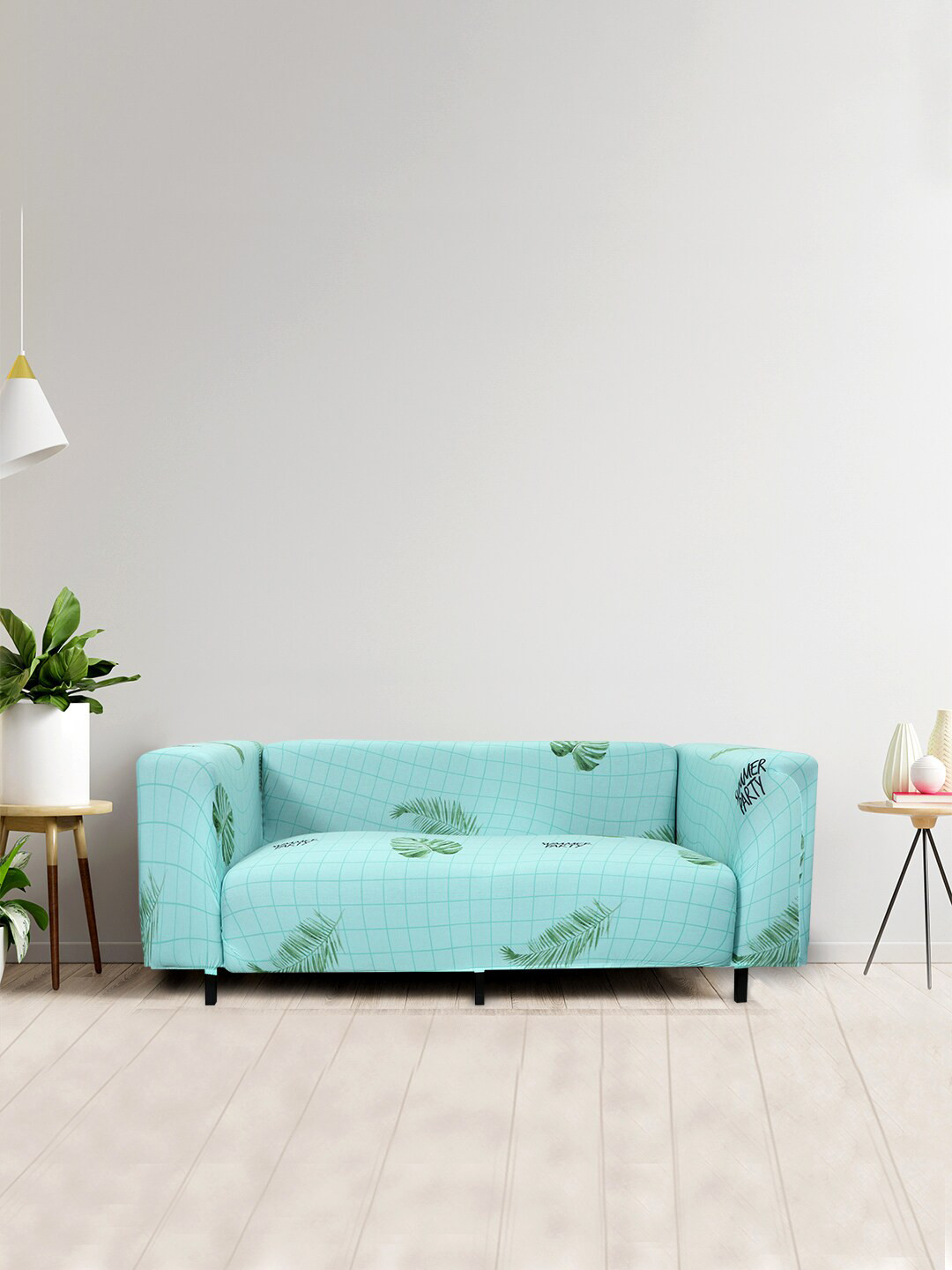 HOUSE OF QUIRK Blue Fern 1-Seater Stretchable Non-Slip Sofa Cover