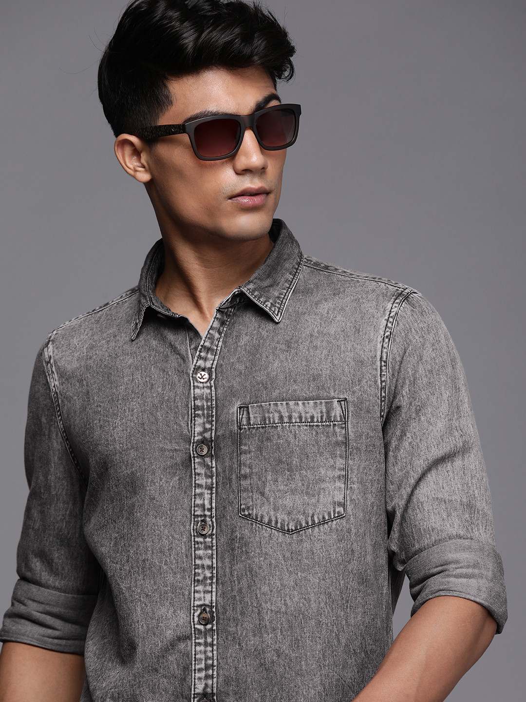 WROGN Men Grey Faded Long Sleeves Slim Fit Casual Shirt