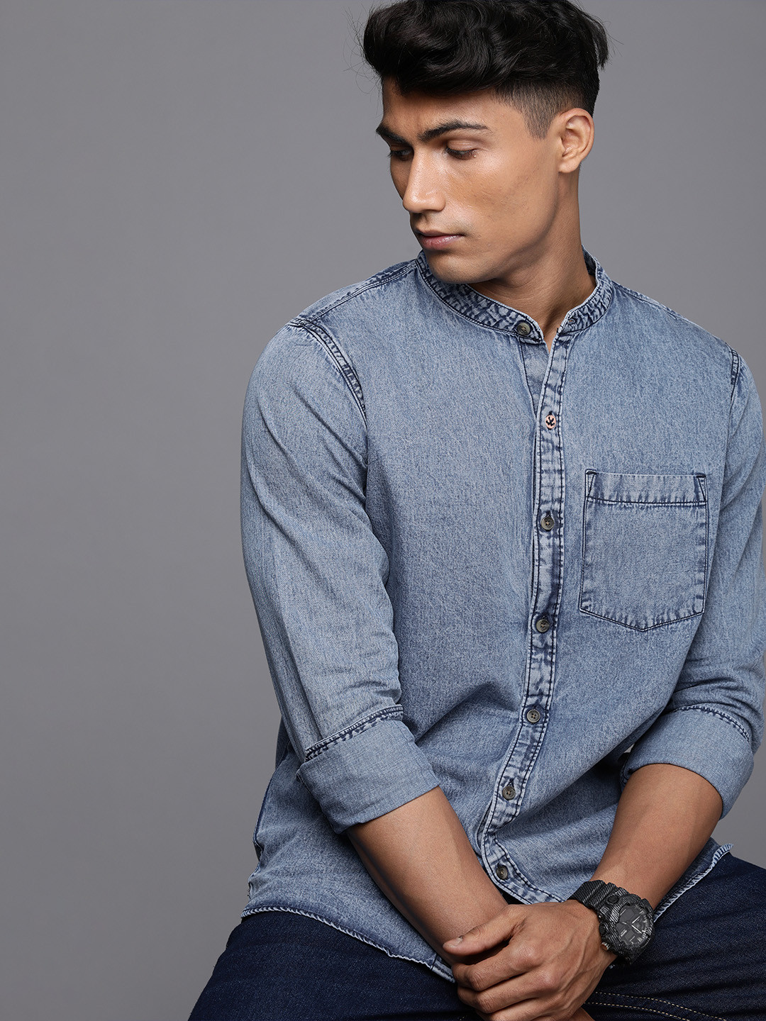 WROGN Men Denim Faded Mandarin Collar Slim Fit Casual Shirt