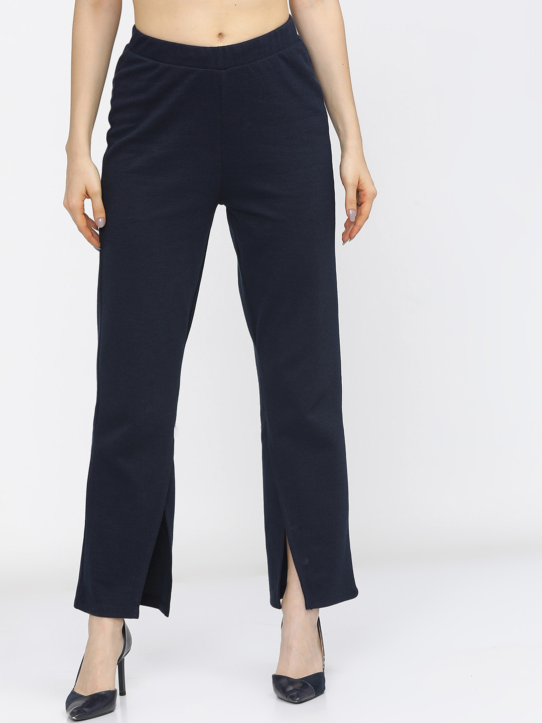 Vishudh Women Navy Blue Bootcut Trousers