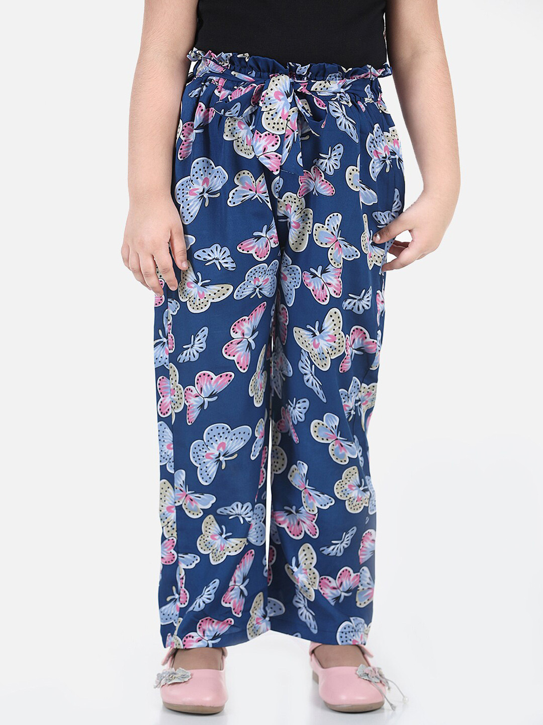 Cutiekins Girls Blue & Pink Printed Knitted Palazzos