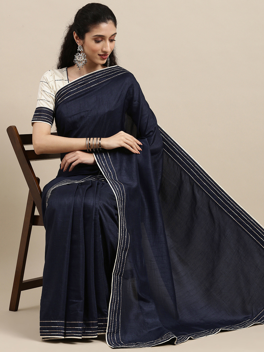 Mitera Navy Blue Embroidered Silk Blend Saree