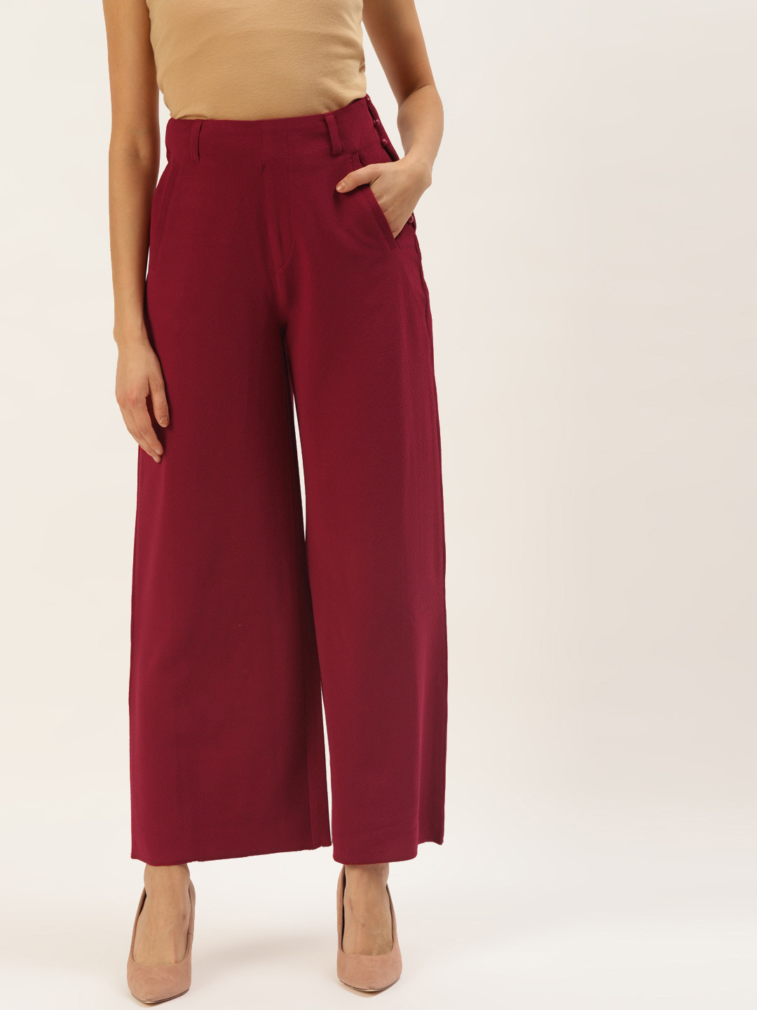 Zastraa Women Red Solid Flared Culottes Trousers