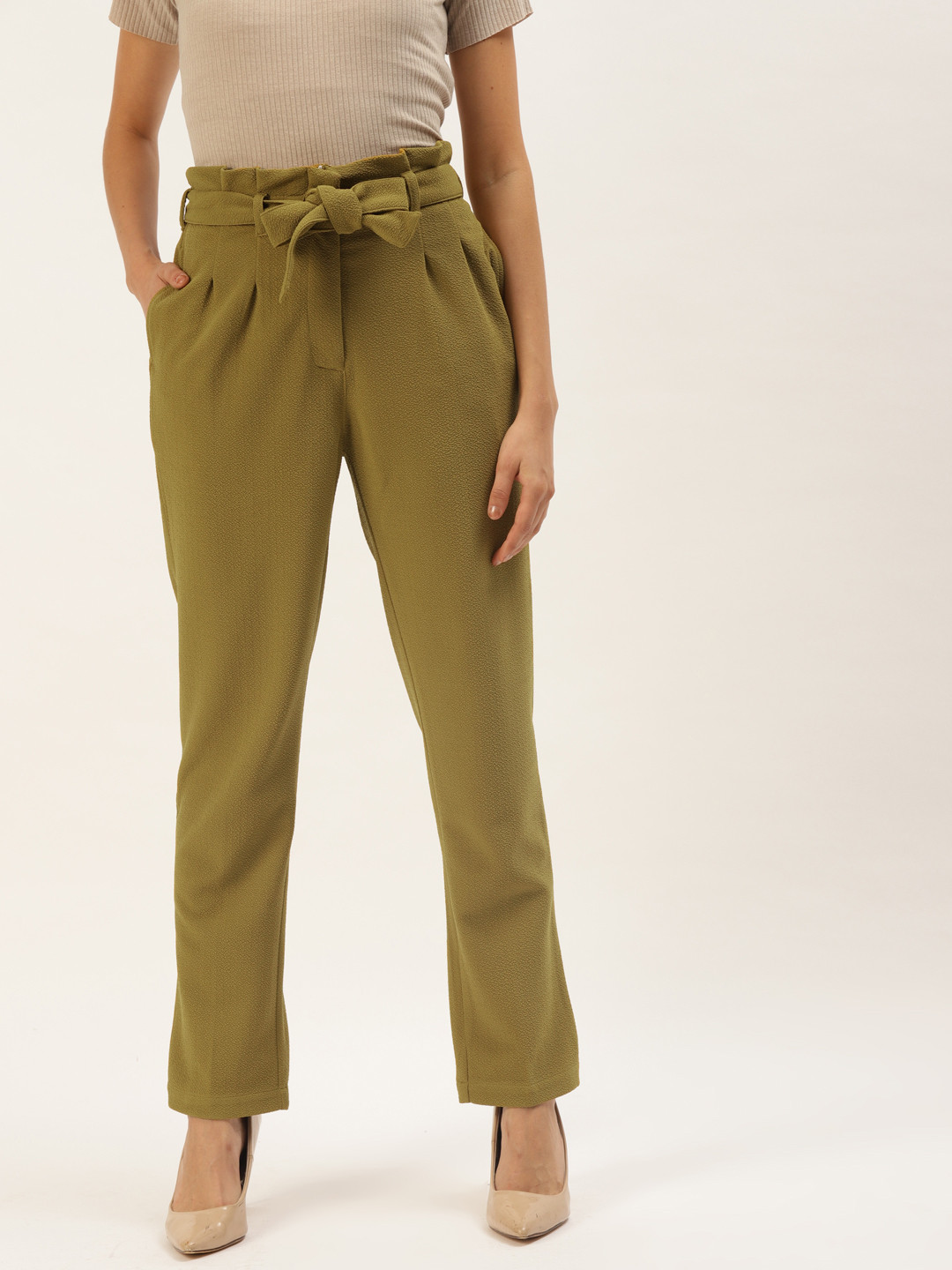 Zastraa Women Mustard Yellow Solid Slim Fit Peg Trousers