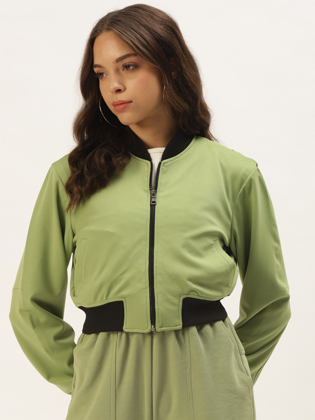 Zastraa Women Green Lightweight Crop Bomber Jacket