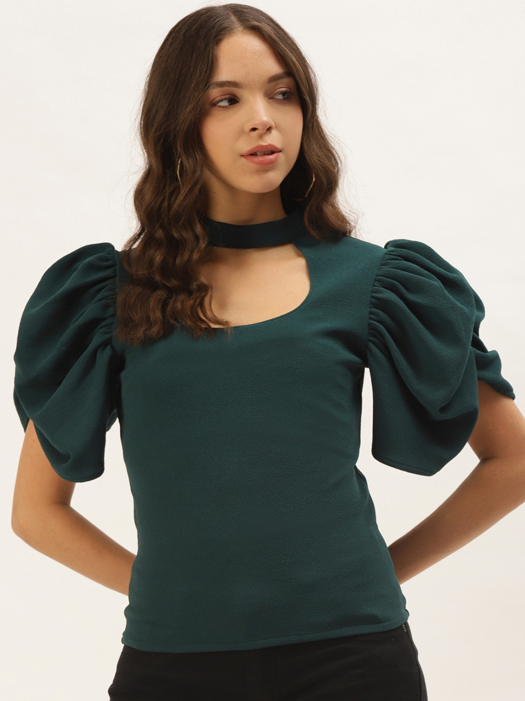 Zastraa Women Teal Green Solid Choker Neck Fitted Top