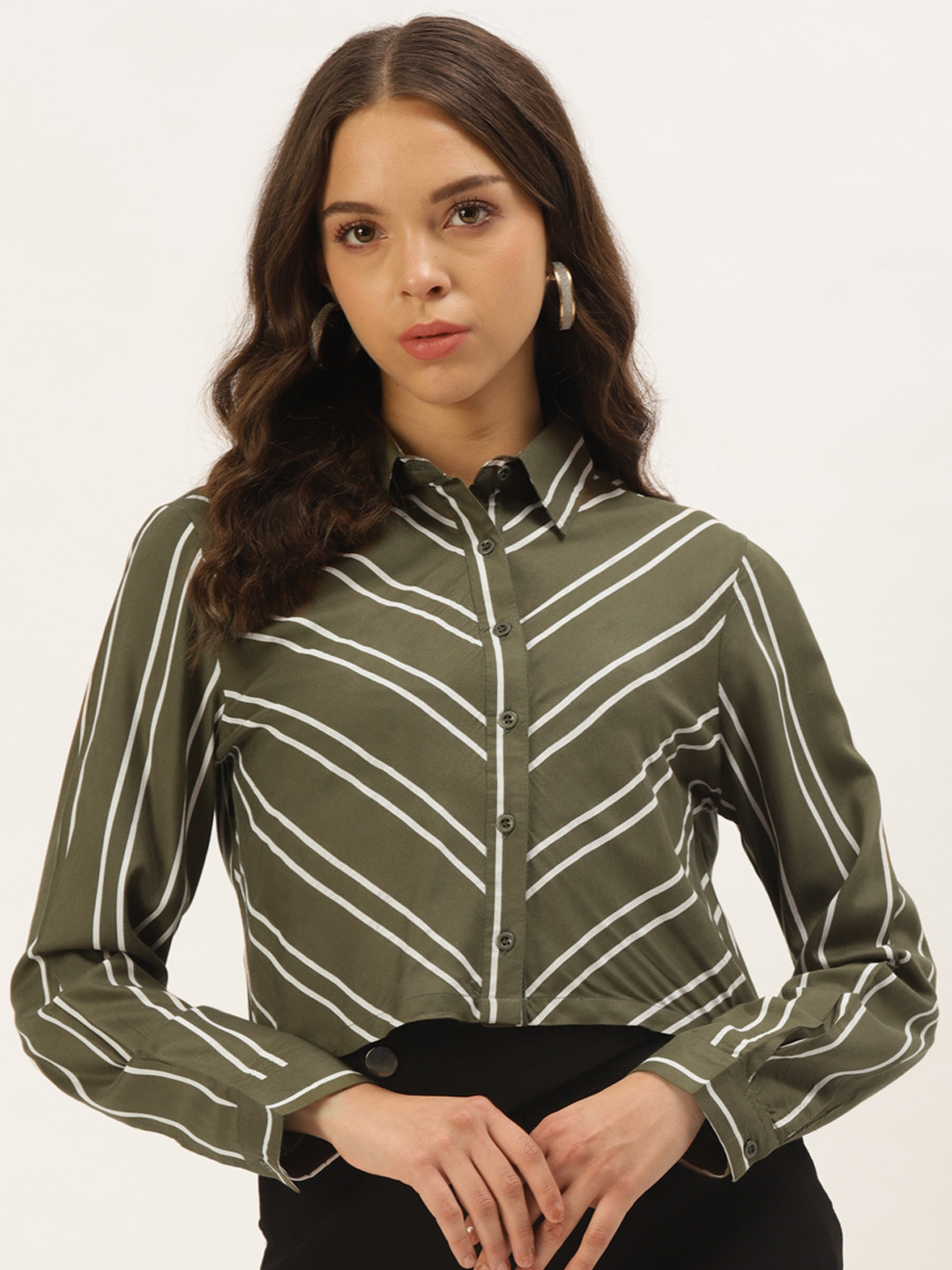 Zastraa Women Olive Green & White Striped Shirt Style Crop Top