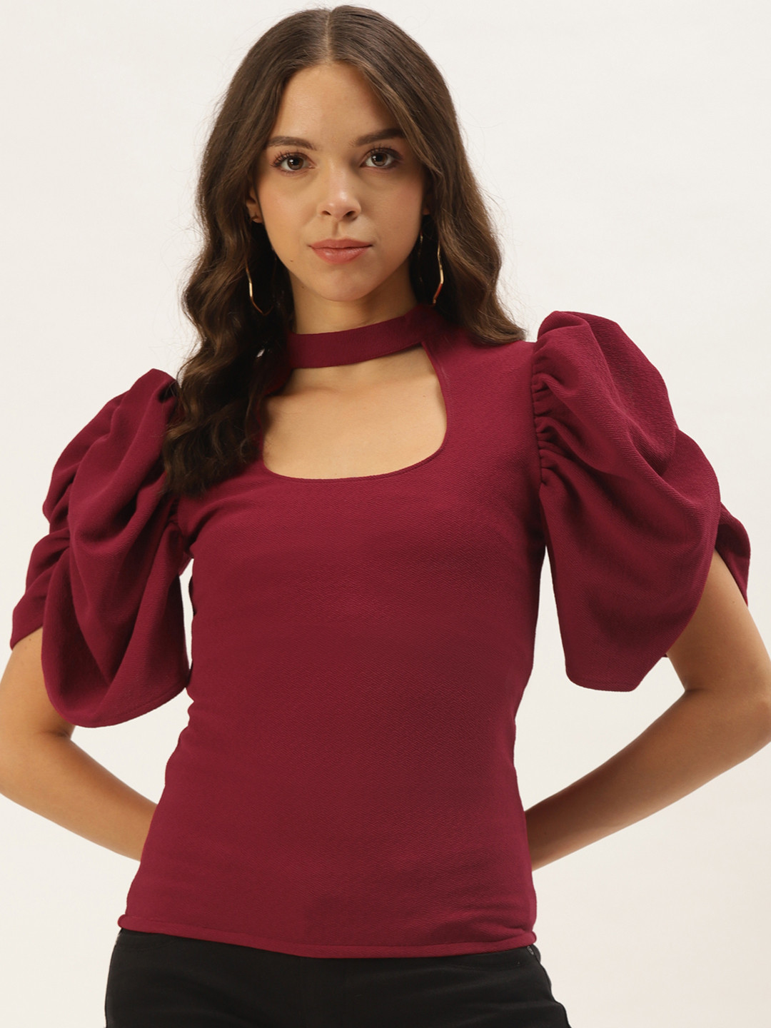 Zastraa Women Maroon Choker Neck Fitted Regular Top