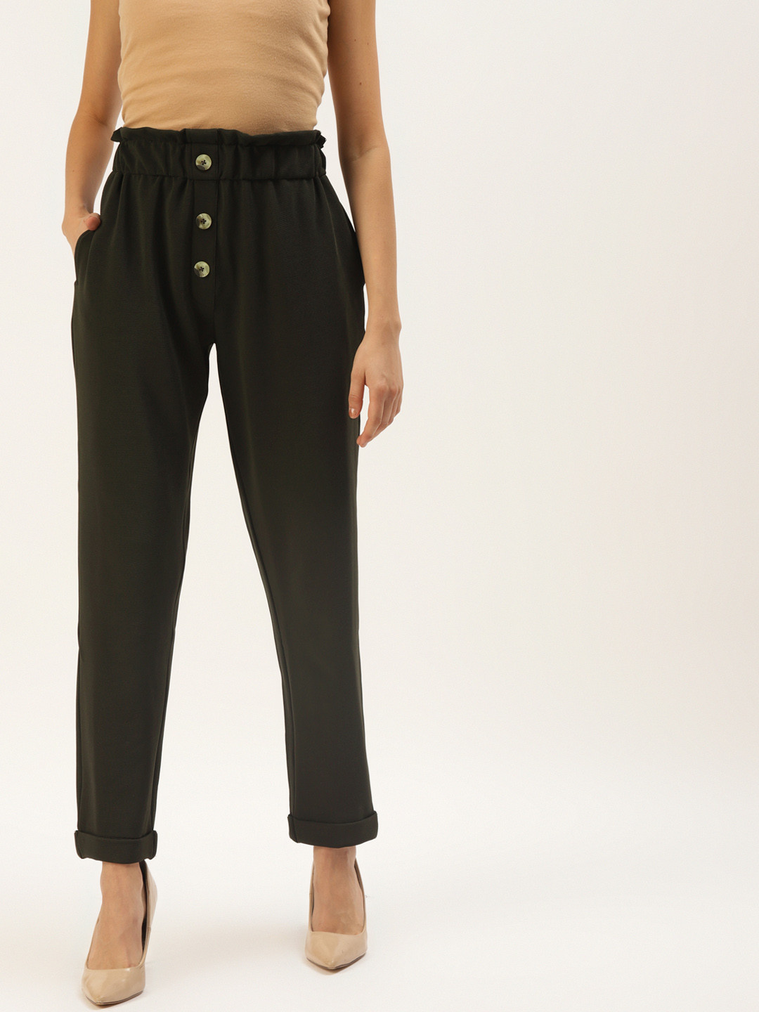 Zastraa Women Olive Green Solid Loose Fit Peg Trousers