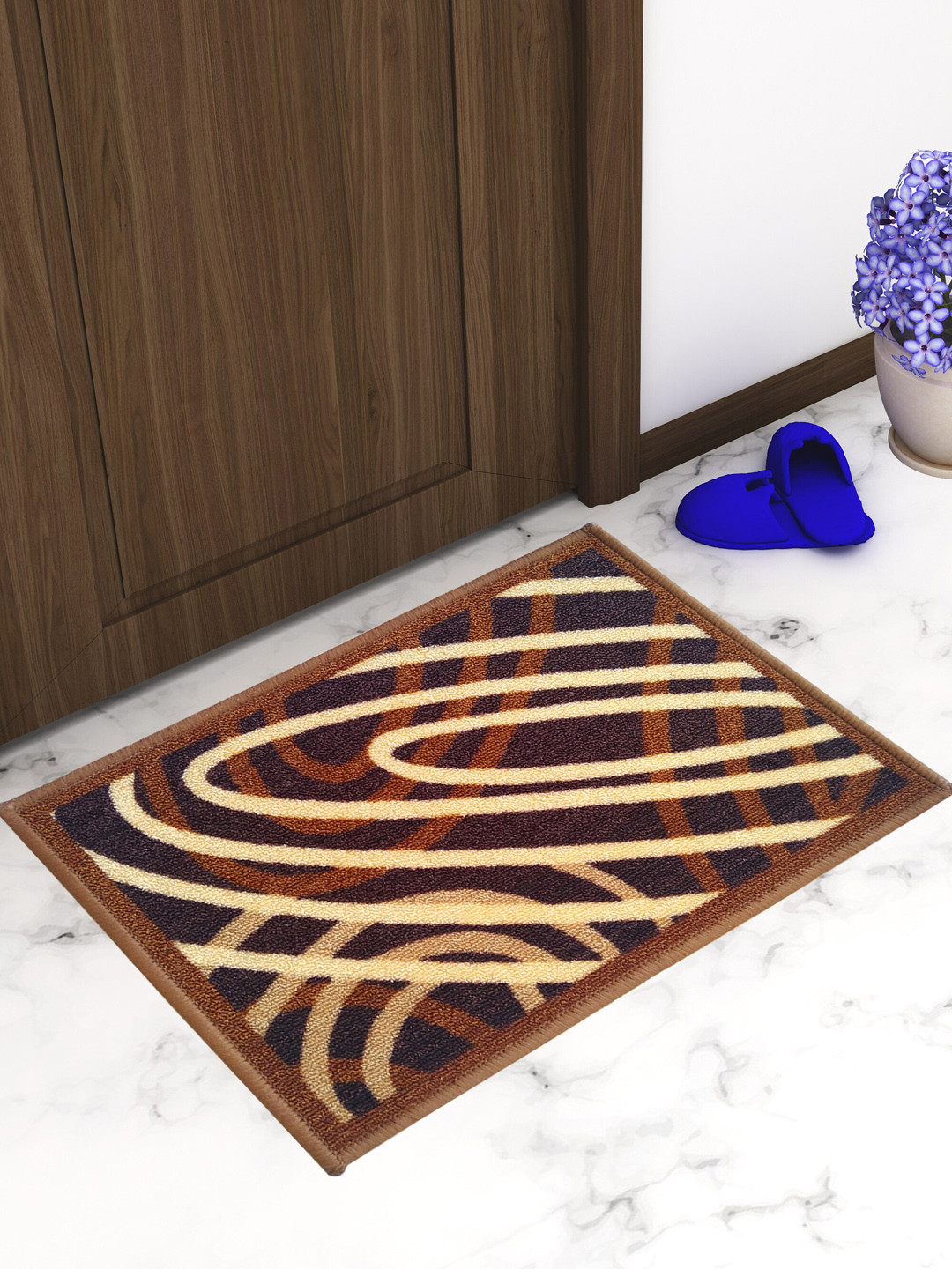 Athom Trendz Set Of 3 Brown & Yellow Patterned Anti Skid Latex Backing Rectangular Door Mats