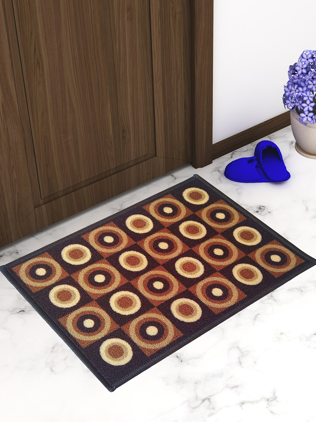 Athom Trendz Set Of 2 Brown & Yellow Printed Anti Skid Latex Backing Rectangular Door Mats