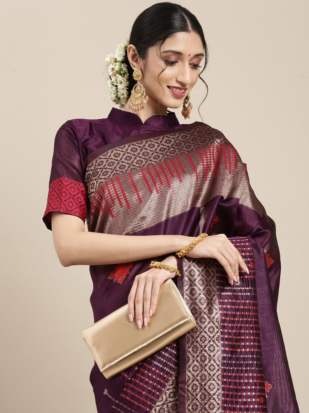 Saree mall Purple Ethnic Motifs Silk Blend Banarasi Sarees