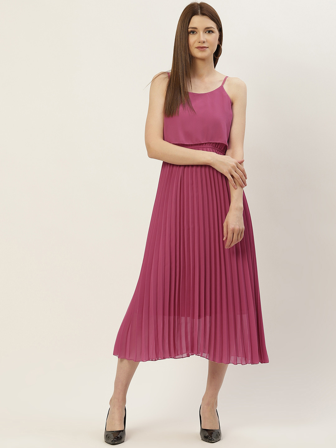 Slenor Women Pink Georgette A-Line Party Midi Dress