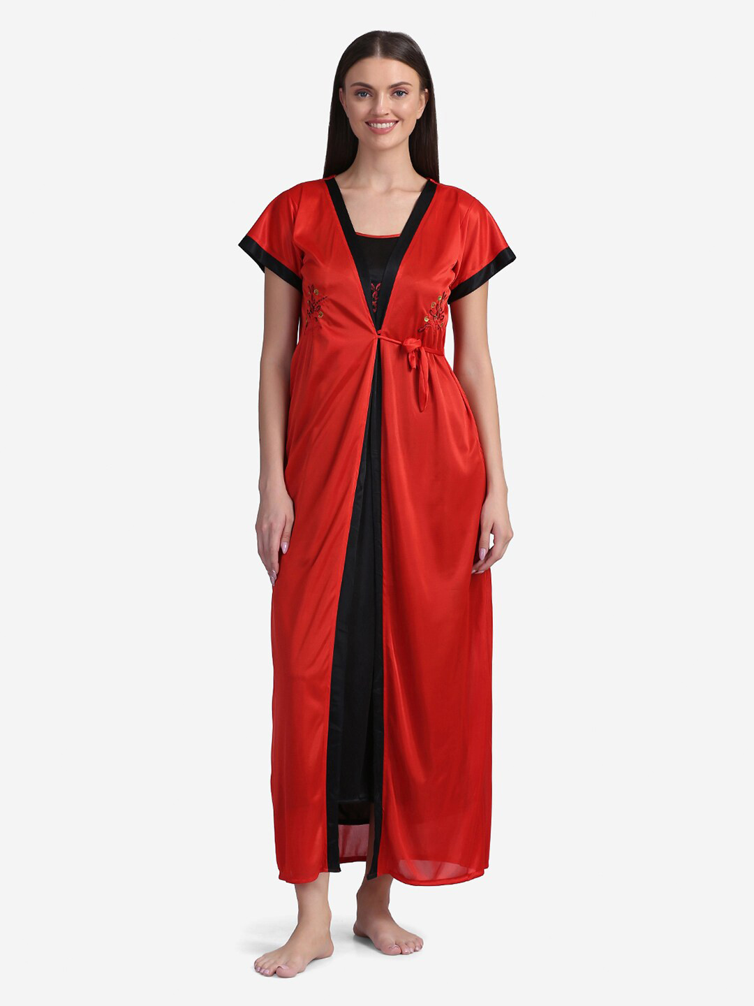 Sugathari Black Maxi Nightdress with Robe