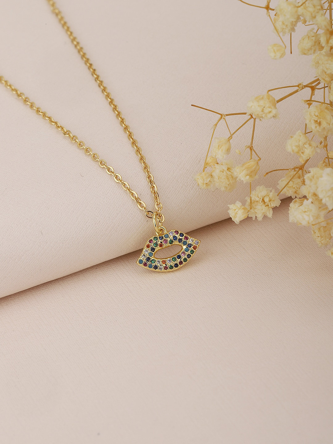 Carlton London Gold-Toned & White Brass Lips Shaped Stone Studded Necklace