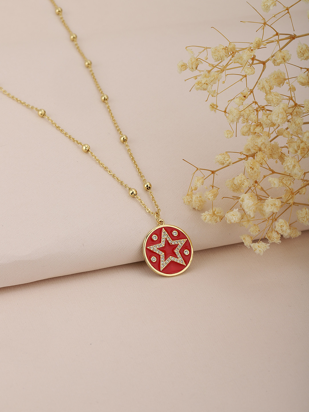 Carlton London Red Gold-Plated CZ-Studded Star-Shaped Enamelled Necklace
