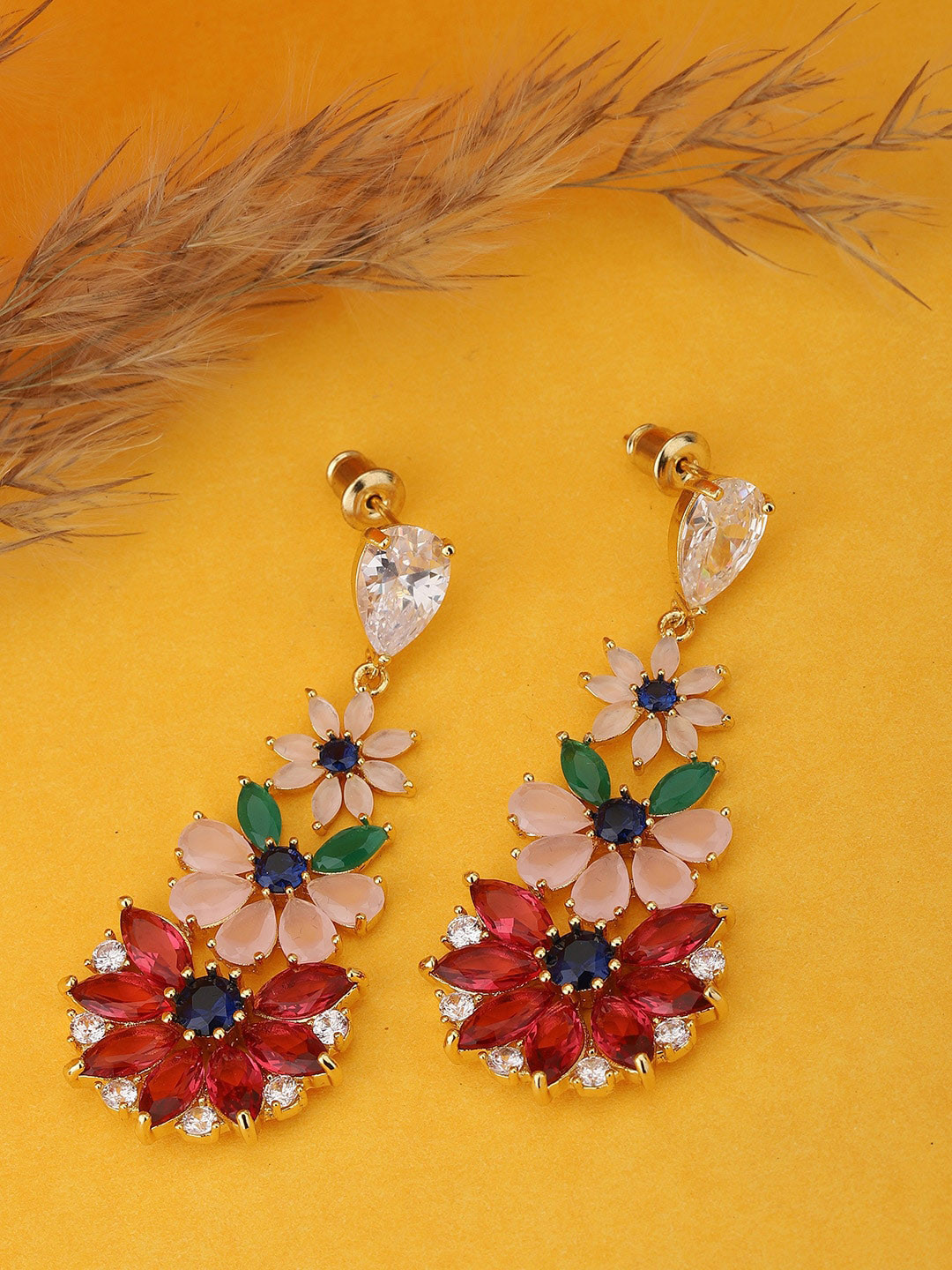 Carlton London Red & Pink Floral Drop Earrings