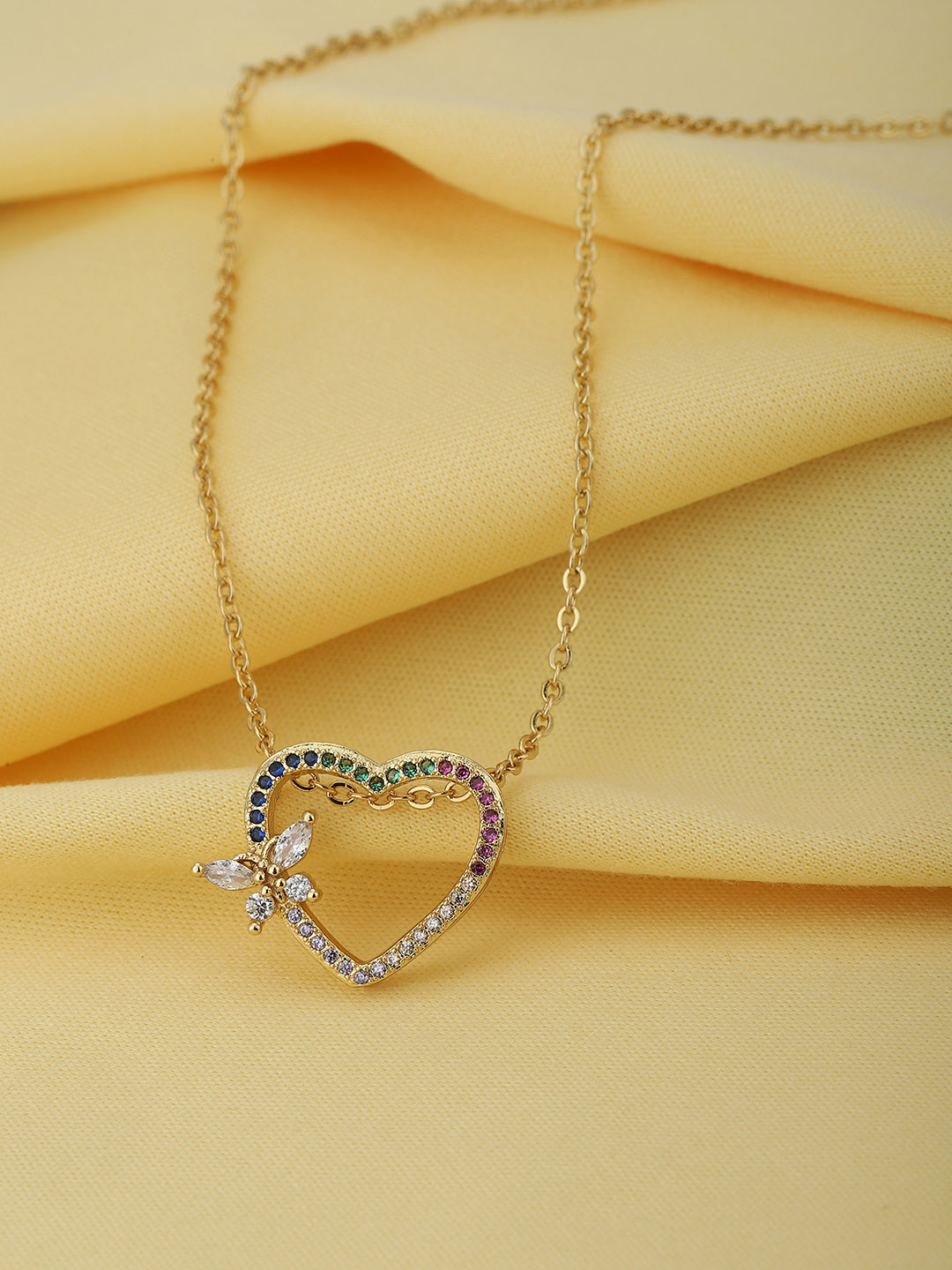 Carlton London Gold-Toned  & Blue Brass Heart Shaped Stone Studded Necklace