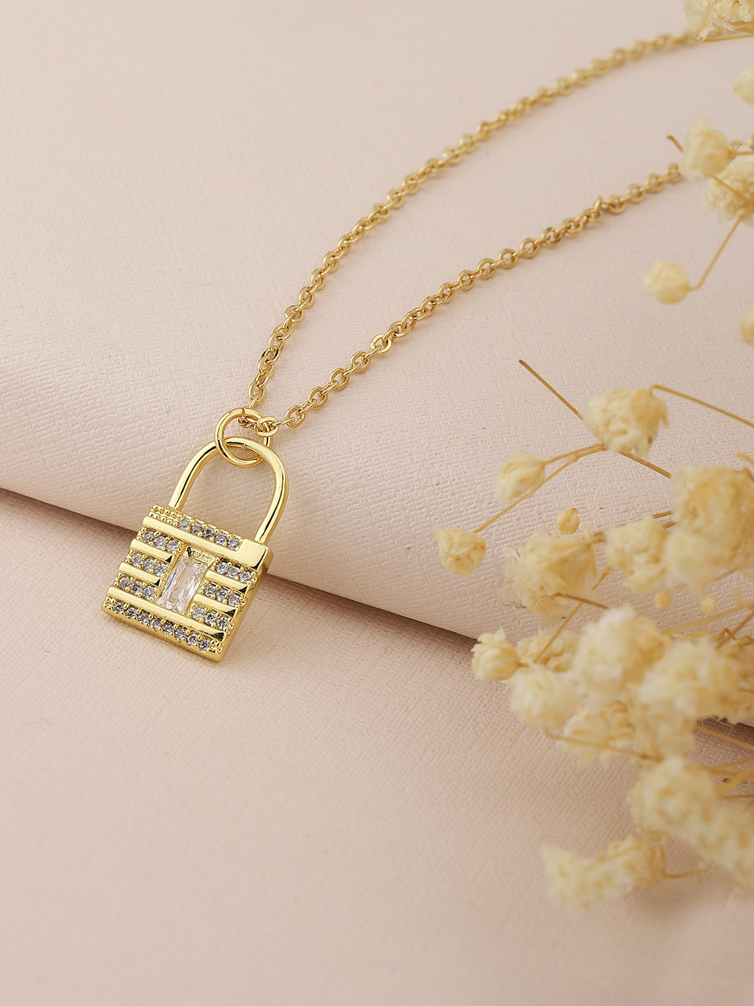 Carlton London Gold-Plated CZ-Studded Lock-Shaped Necklace