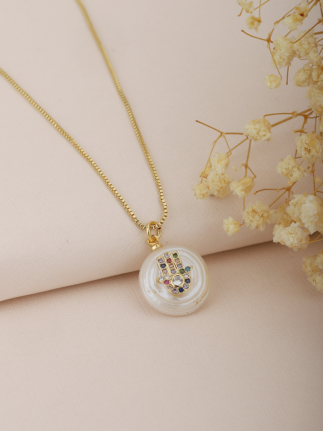 Carlton London Off White & Red Gold-Plated Stone Studded & Beaded Necklace with Hamsa Hand