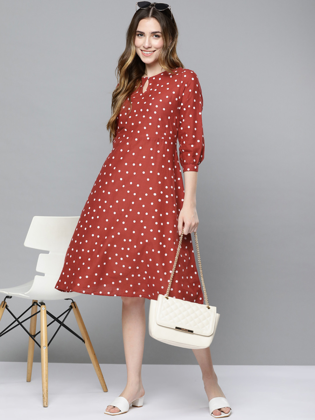 HERE&NOW Maroon & White Pure Cotton Keyhole Neck A-Line Dress