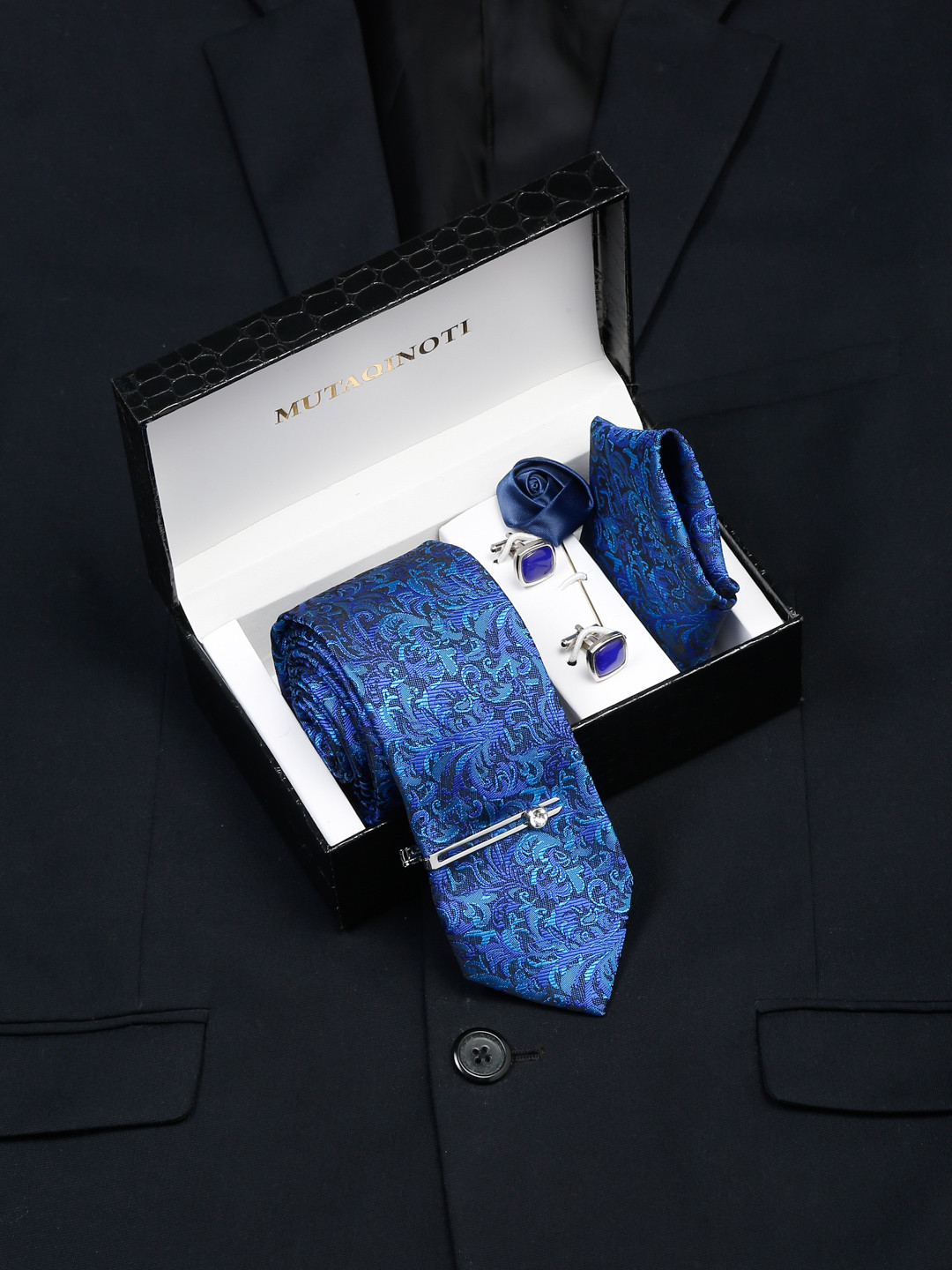 MUTAQINOTI Men Space Blue Silk Necktie Accessory Gift Set