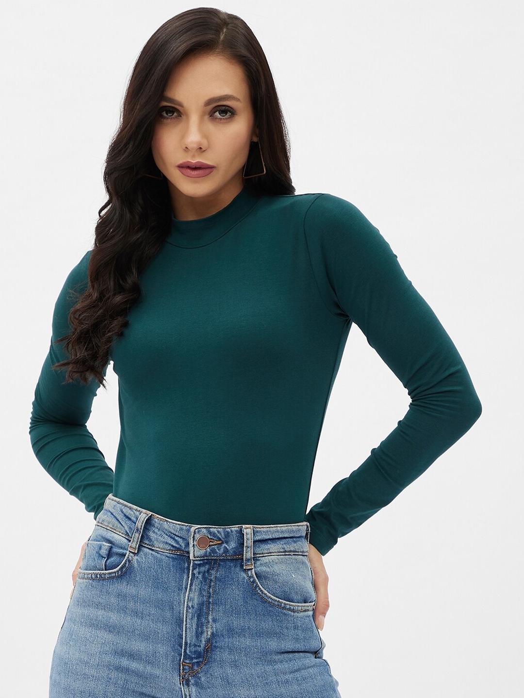 Harpa Green Solid Long Sleeves Fitted Top