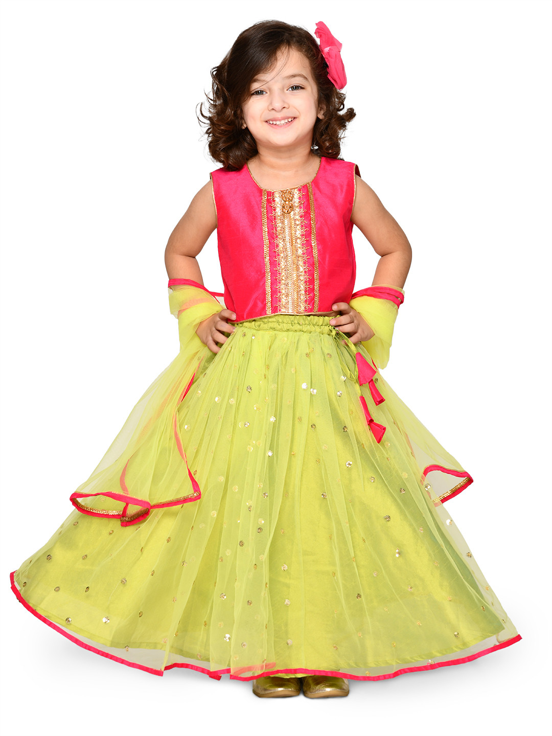 SAKA DESIGNS Girls Fluorescent Green & Magenta Embellished Sequinned Ready to Wear Lehenga & Blouse With