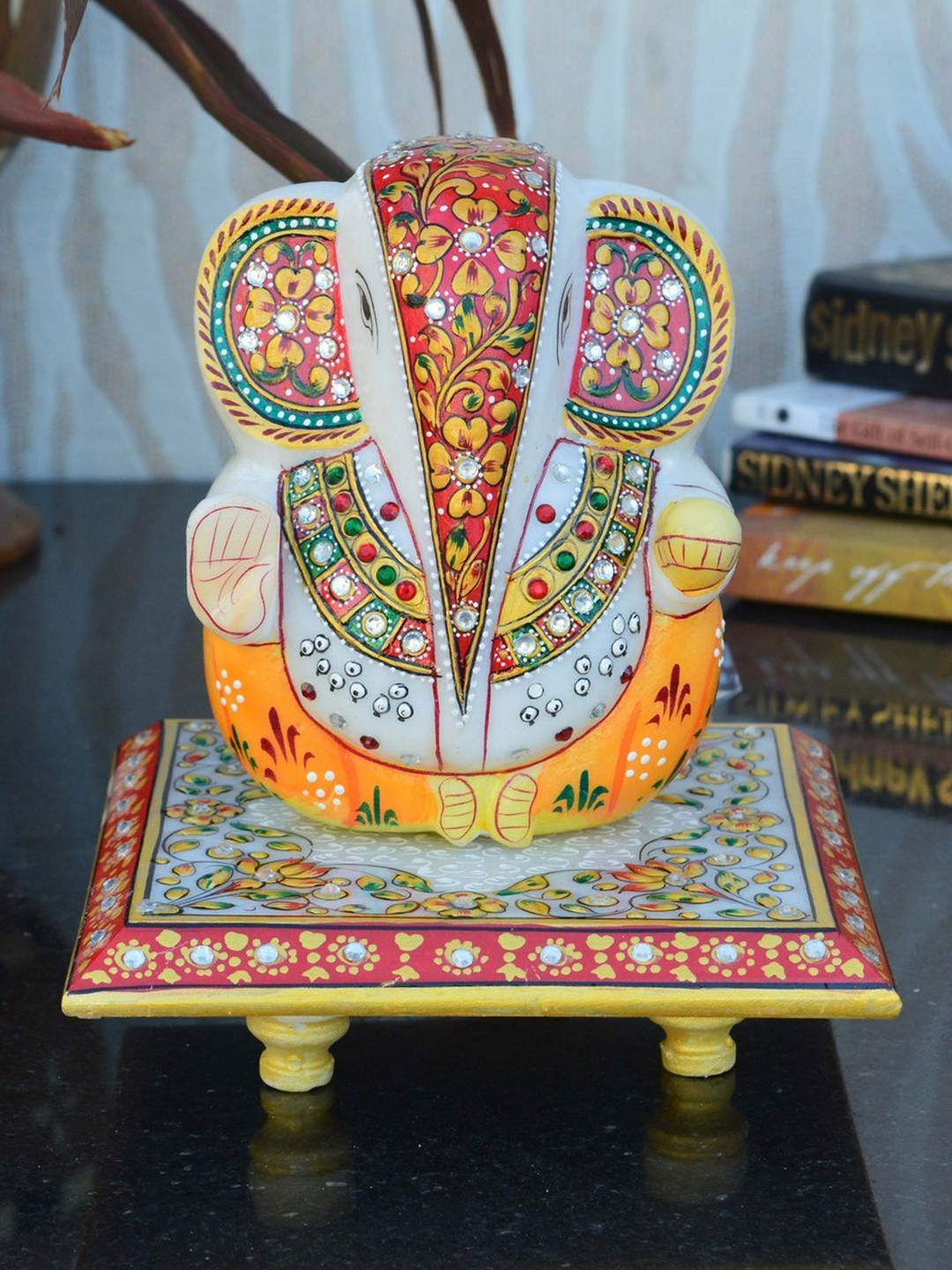 eCraftIndia Red & White Marble Lord Ganesh Idol Showpiece with Chowki