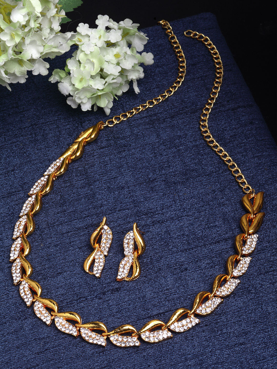 ZENEME Gold-Plated Cubic Zirconia Studded Necklace With Earrings Jewellery Set