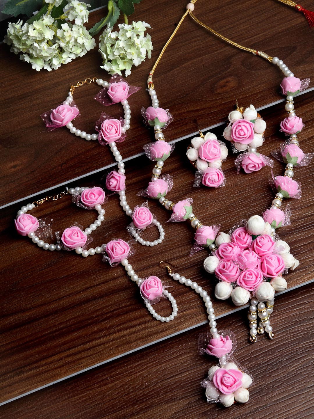 ZENEME Pink & White Pearl Gota Patti Flower Jewellery Set