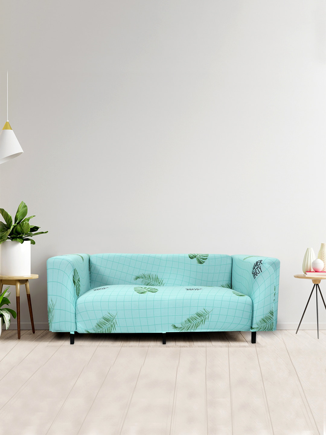 HOUSE OF QUIRK Turquoise Blue Printed 1-Seater Stretchable Non-Slip Sofa Slipcove