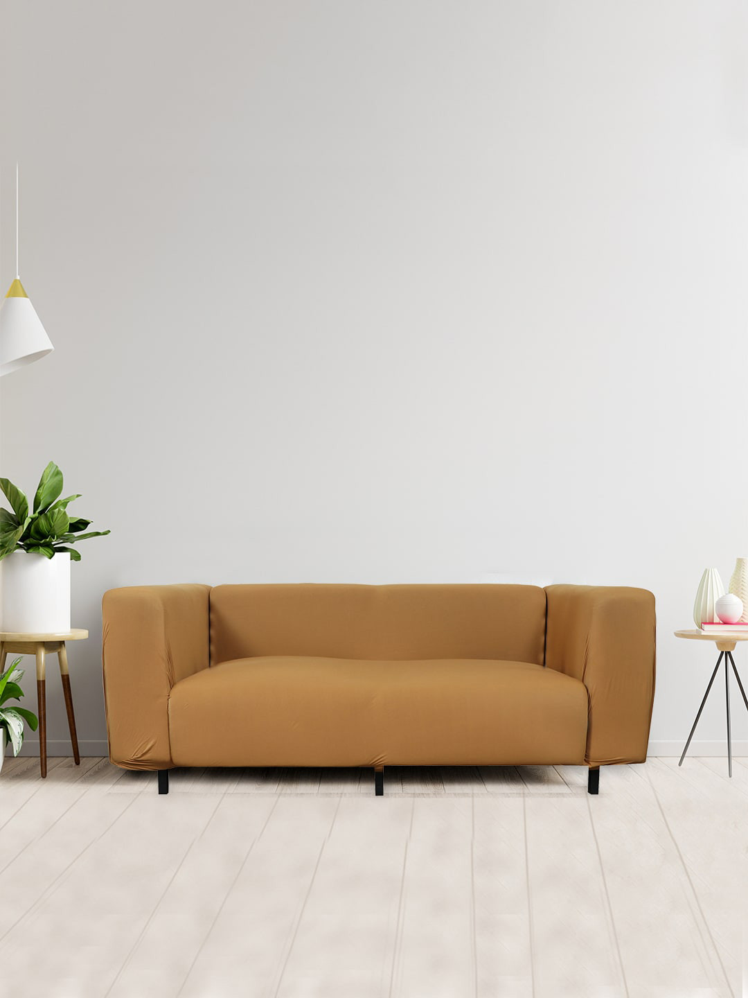 HOUSE OF QUIRK Tan Brown Solid 3-Seater Non-Slip Sofa Cover