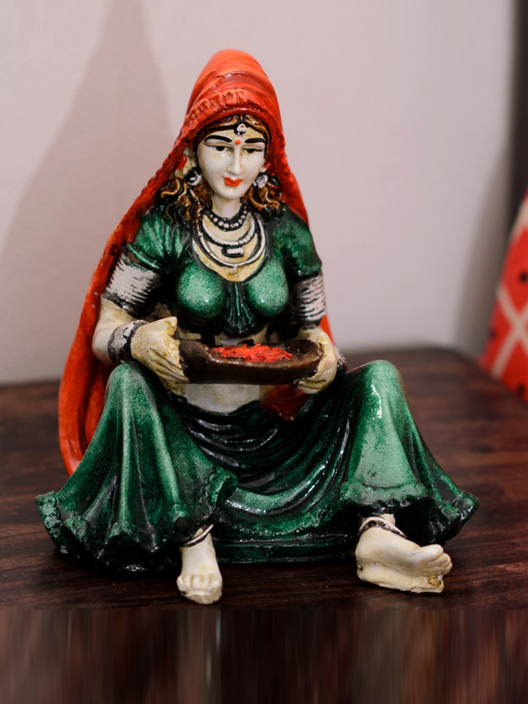 eCraftIndia Rajasthani Lady Orange Polyresin Matte Living Room Small Showpiece - 6 Inches