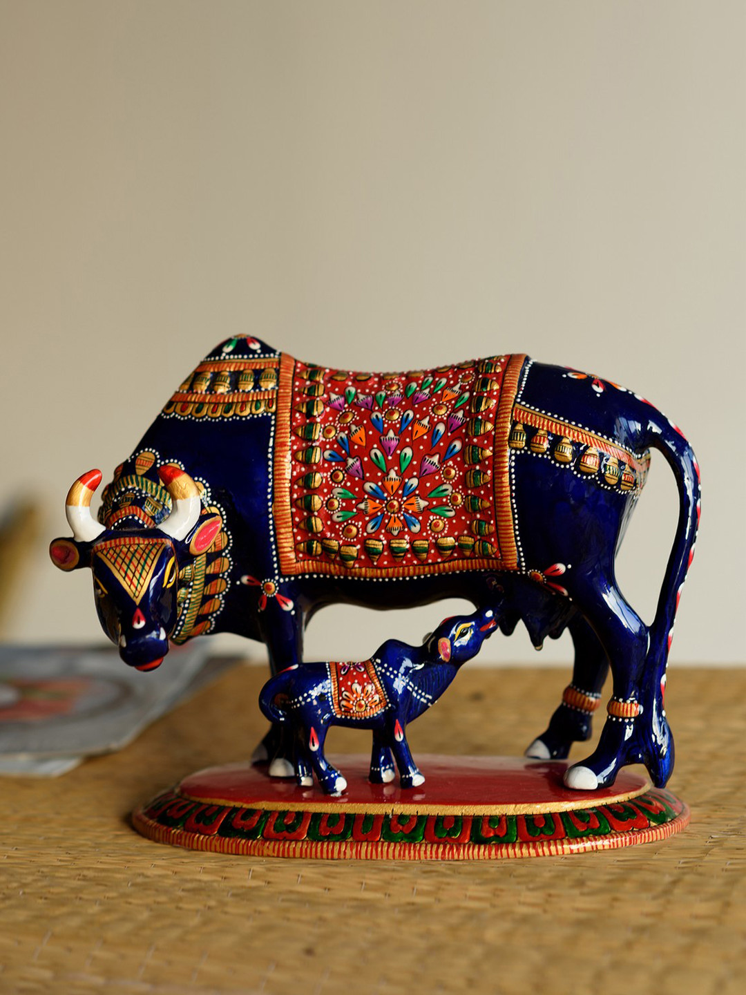 eCraftIndia Cow and Calf Blue Metal Metallic Prayer Room Medium Showpiece - 8 Inches
