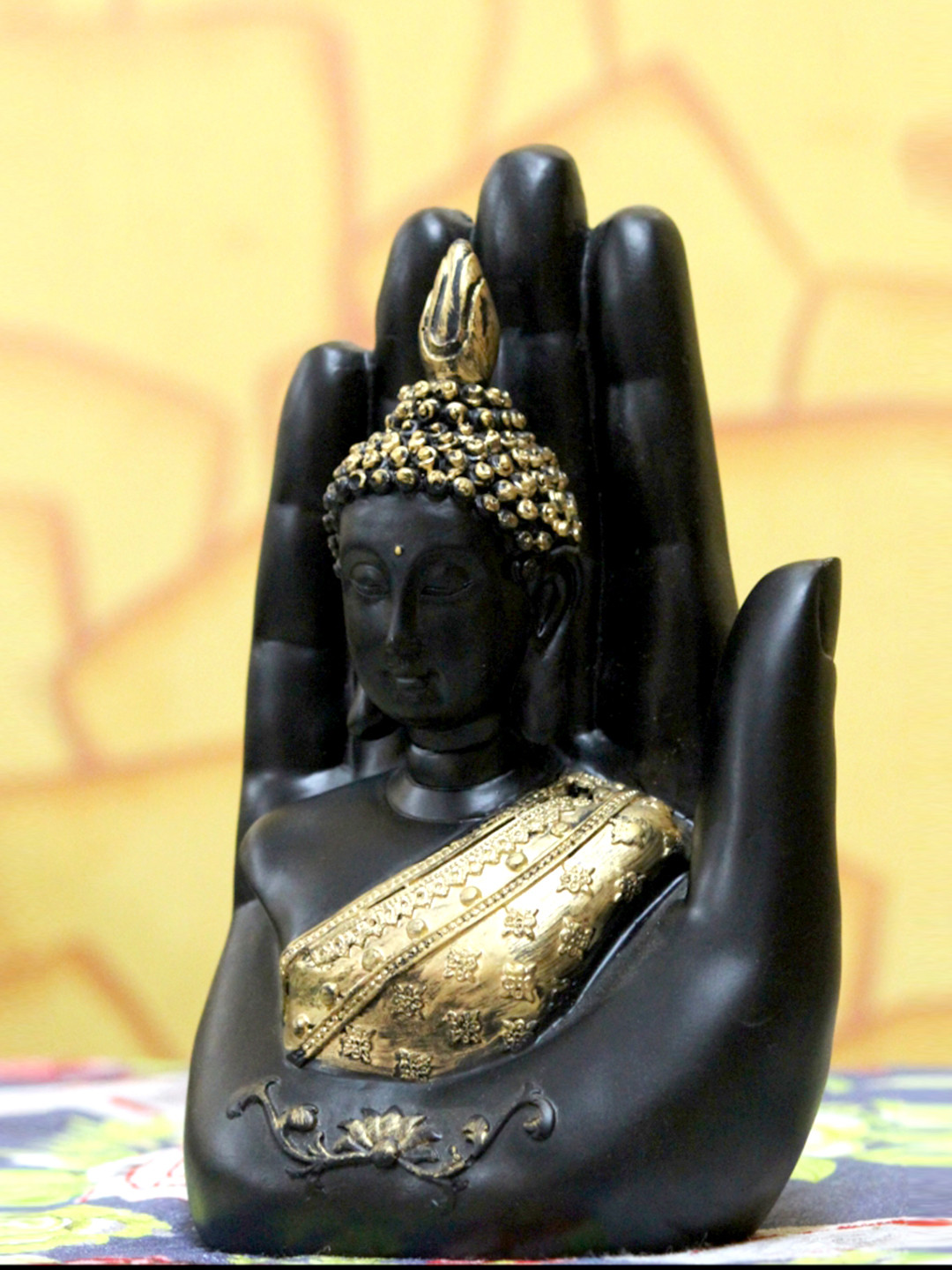 eCraftIndia Buddha Palm Black Polyresin Glossy Living Room Hand-Crafted Small Showpiece - 6.7 Inches