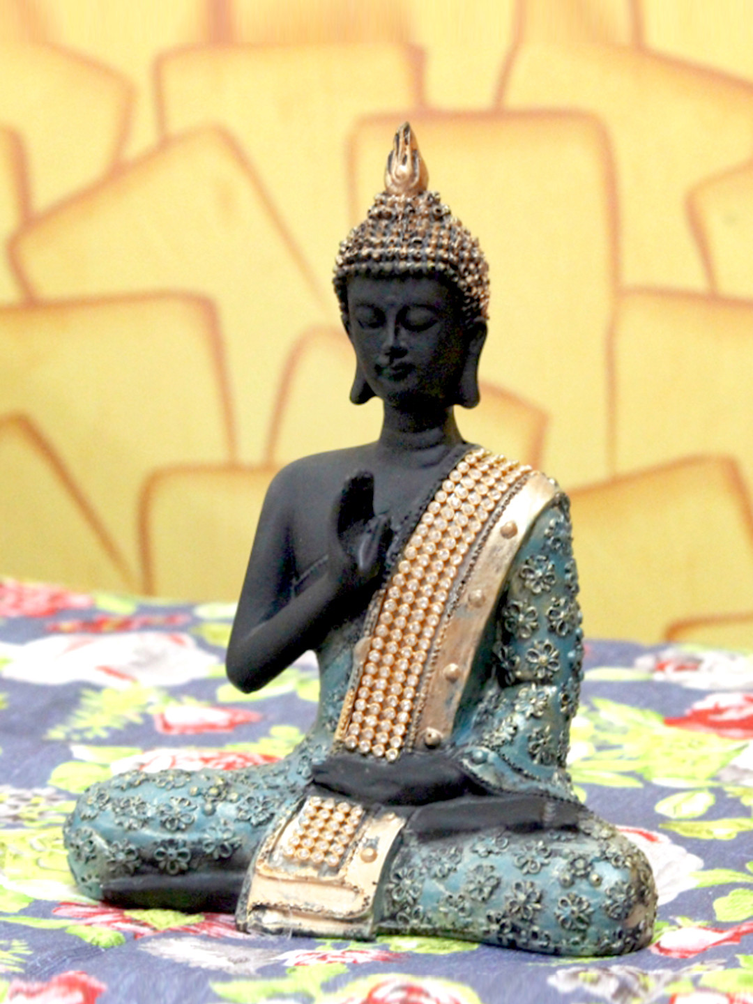eCraftIndia Meditating Blessing Buddha Black Polyresin Glossy Living Room Hand-Crafted Small Showpiece - 8 Inches