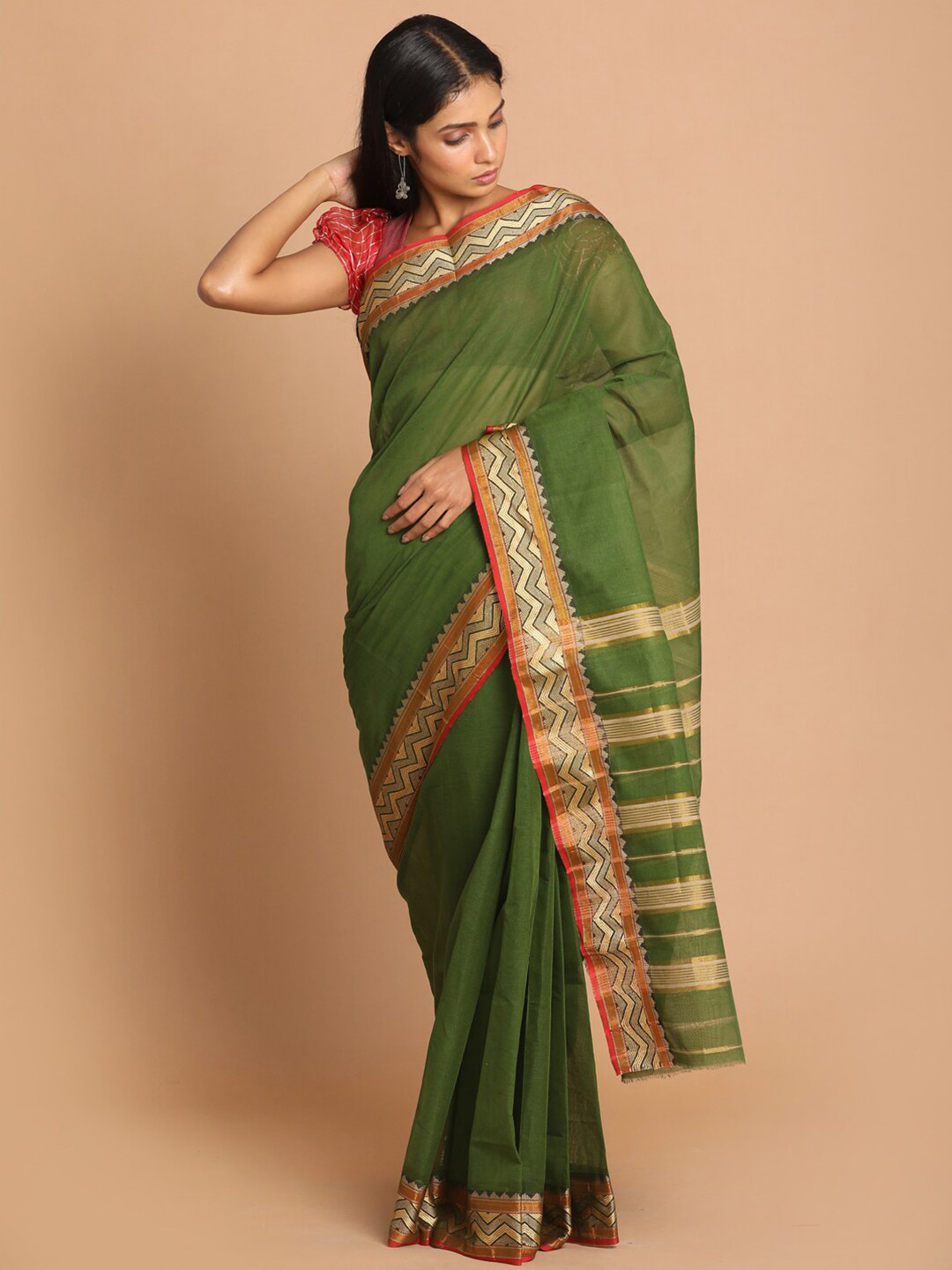 Saranee Olive Green & Red Zari Pure Cotton Saree